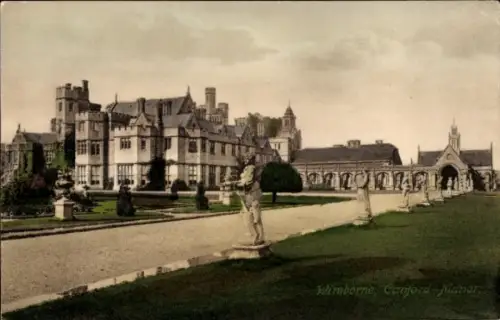 Ak Wimborne Dorset England,  Canford Manor, Gebäude, Garten, Statuen