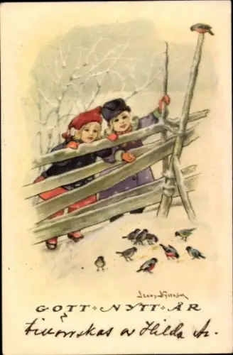 Künstler Ak Nyström, Jenny, Neujahr, Kinder, Vögel