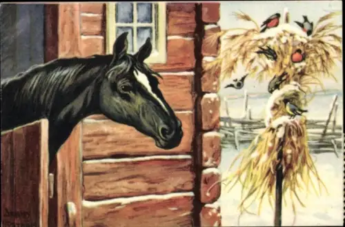 Künstler Ak Nyström, Jenny, Frohe Weihnachten, Pferd, Vögel