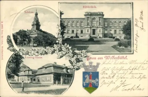 Ak Wolfenbüttel in Niedersachsen, Schloss, Bibliothek, Lessing-Haus, Gruss aus Wolfenbüttel