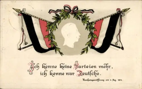Präge Ak Uns treibt nicht Eroberungslust, Kaiser Wilhelm II., Zitat, Reichstagseröffnung 1914