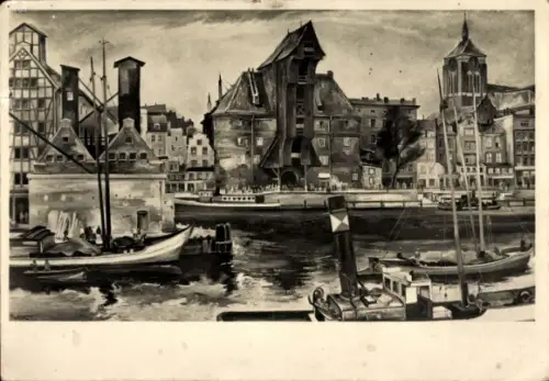 Ak Gdańsk Danzig, Hafenansicht, Schiffe, Krantor,  Künstler Carl Theodor Proetzen