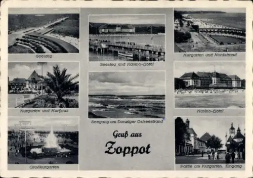 Ak Sopot Gdańsk Zoppot Danzig, Seesteg, Kurgarten, Nordstrand, Kasino-Hotel, Danziger Ostseestran