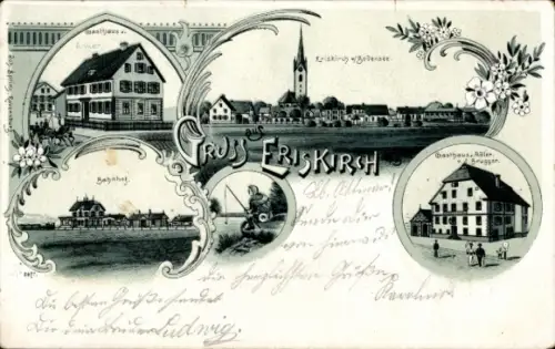 Litho Eriskirch am Bodensee, Gesamtansicht, Bahnhof, Gasthaus