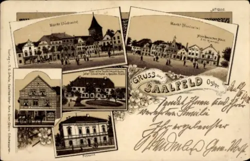 Litho Zalewo Saalfeld Ostpreußen, Markt, Postamt, Hotel Deutsches Haus, Justizgebäude