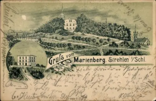 Mondschein Litho Strzelin Strehlen Schlesien, Marienberg, Gesamtansicht