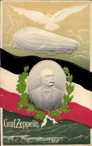 Präge Ak Zeppelin Luftschiff, Graf Zeppelin Portrait, Flagge Eichenlaub