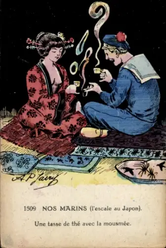 Künstler CPA Jarry, Nos Marins, Escale au Japon, Une tasse de the avex la mousmee