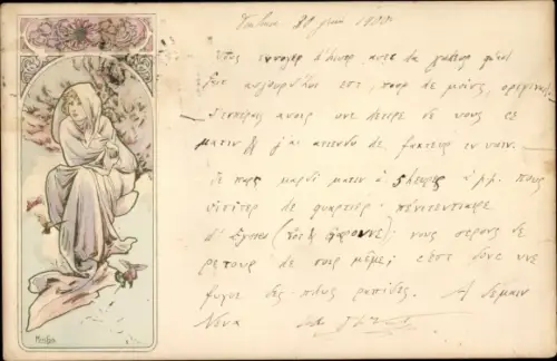 Jugendstil Künstler Litho Mucha, Junge Frau im Schnee