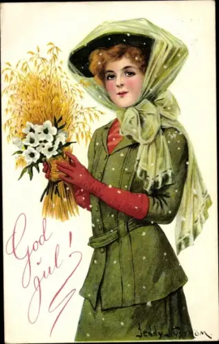 Künstler Ak Nyström, J., Glückwunsch Weihnachten, Noble Frau, Blumen, Getreide