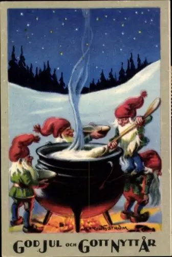 Künstler Ak Nyström, Jenny, Neujahr, Weihnachten, Zwerge vor einem Kessel