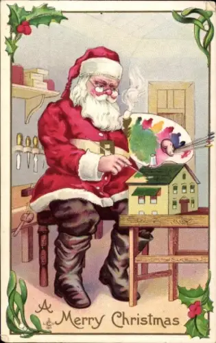 Ak Glückwunsch Weihnachten, Weihnachtsmann bemalt ein Spielzeughaus