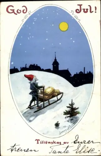 Künstler Ak Nyström, Jenny, Glückwunsch Weihnachten, Zwerg mit Schlitten