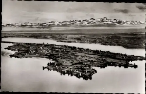 Ak Insel Reichenau Bodensee, Luftaufnahme der  Bodensee, Säntis im Hintergrund