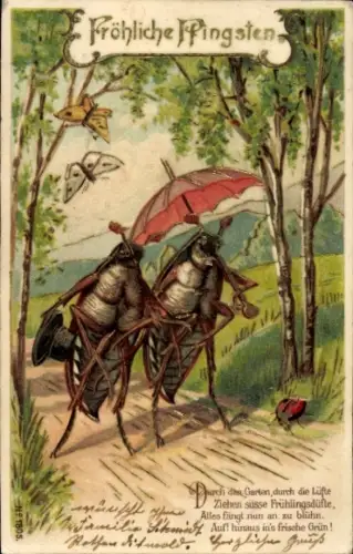 Präge Ak Frohe Pfingsten, vermenschlichte Maikäfer mit Zylinder und Schirm