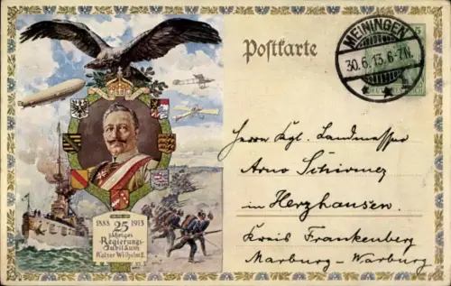 Ganzsachen Ak Kaiser Wilhelm II., 25 jähriges Regierungsjubiläum, Zeppelin, Kriegsschiff