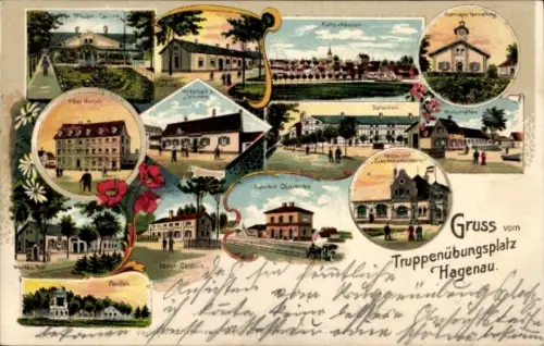 Litho Haguenau Hagenau im Elsass Bas Rhin, Truppenübungsplatz, Bahnhof, Teilansichten