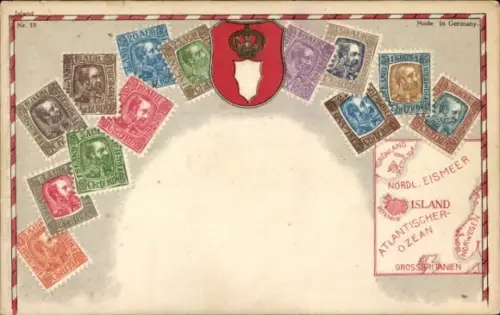 Briefmarken Ak Island, Landkarte, Wappen