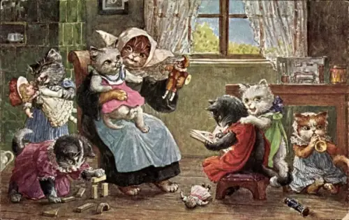 Künstler Ak Thiele, Arthur, Vermenschlichte Katzen, Spielschule für die ganz Kleinen