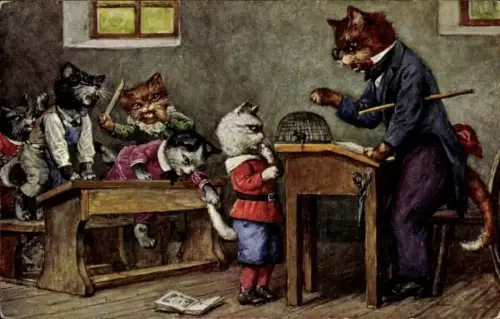 Künstler Ak Thiele, Arthur, Anschauungsunterricht, vermenschlichte Katzen in der Schule