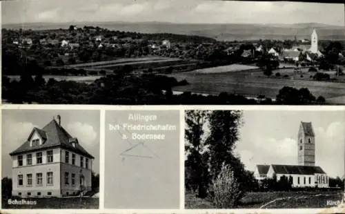 Ak Ailingen Friedrichshafen am Bodensee, Gesamtansicht, Schulhaus, Kirche