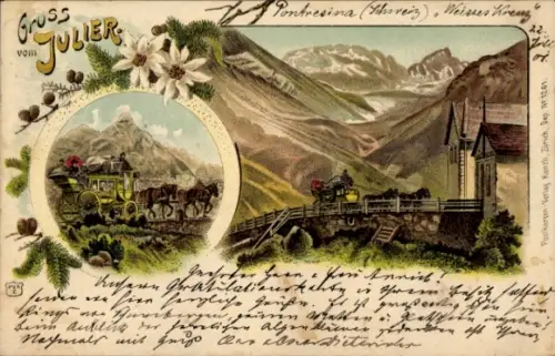 Litho Surses Kanton Graubünden, Julier Hospiz, Postkutsche
