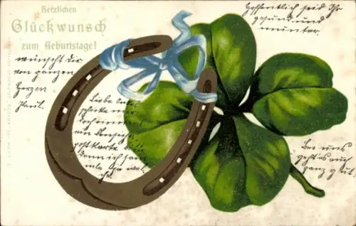Litho Glückwunsch zum Geburtstag, Kleeblatt, Hufeisen, blaue Schleife