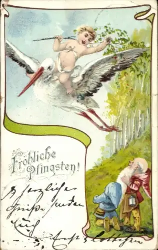 Litho Frohe Pfingsten, Zwerge, Storch trägt ein Kind mit Birkenzweig