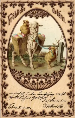Litho Frohe Ostern, Lamm, Küken, Ostereier