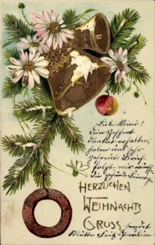 Präge Ak Frohe Weihnachten, Tannenzweig, Glocken, Blumen, Apfel