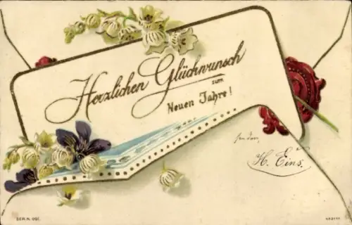Präge Ak Glückwunsch Neujahr, Blumen, Siegel