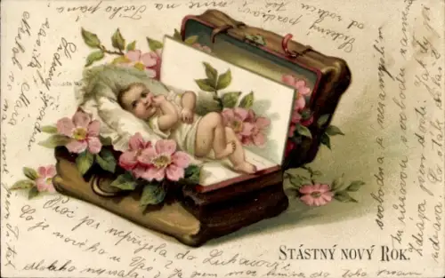 Ak Glückwunsch Neujahr, Kind in der Schatulle, Blumen