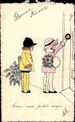 Ak Frohes Neujahr, Bitte Läuten, Kinder mit Eichenlaub