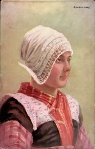 Künstler Ak Gerstenhauer, Johann Georg, Frau in Niederländischer Tracht, Spakenburg