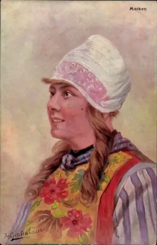 Künstler Ak Gerstenhauer, Johann Georg, Frau in Niederländischer Tracht, Marken