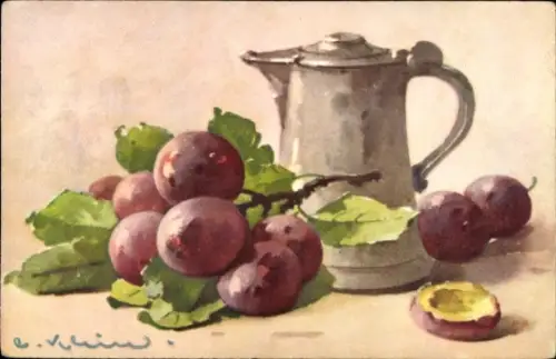 Künstler Ak Klein, Catharina, Pflaumen, Krug, Stillleben