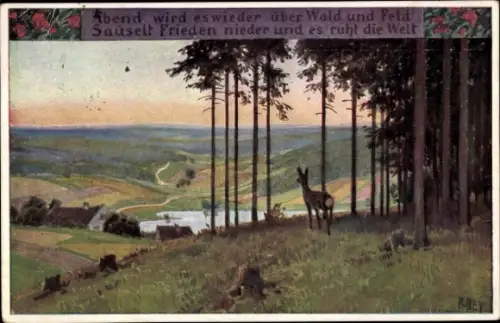 Lied Künstler Ak Hey, Paul, Volksliederkarten Nr 65, Abend wird es wieder, Reh