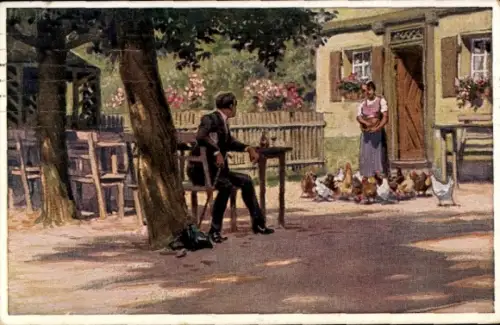 Künstler Ak Hey, Paul, Beim Frühstück, Bauernhof, Hühner