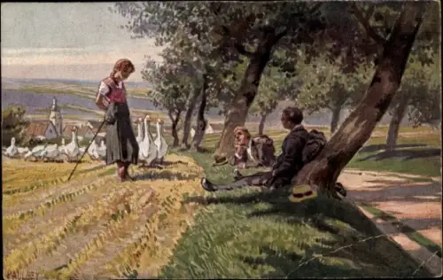 Künstler Ak Hey, Paul, An der Landstraße, Wanderer bei der Rast, Gänsehirtin