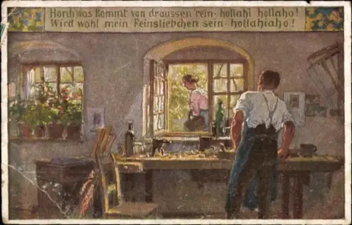 Künstler Ak Hey, Paul, Volksliederkarte Nr. 57, Horch was kommt von draußen rein, Tischler, Novitas