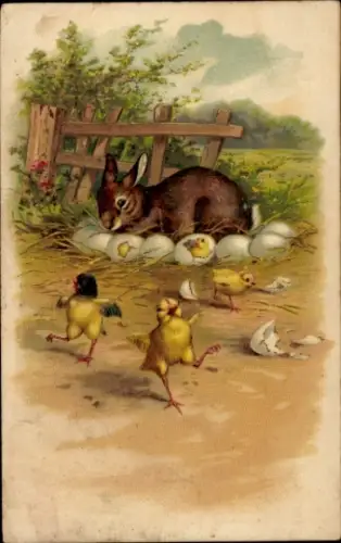 Präge Ak Ostern, Osterhase, Küken, Eier