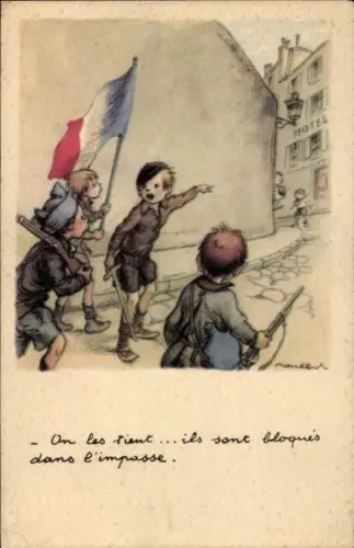 Künstler Ak Poulbot, Kinder mit französischer Fahne als Soldaten