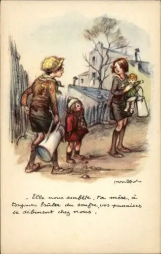 Künstler Ak Poulbot, Junge mit Wasserkanne, Mädchen mit Puppe