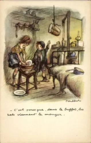 Künstler Ak Poulbot, Mädchen spült Geschirr, aufgehängtes Brot