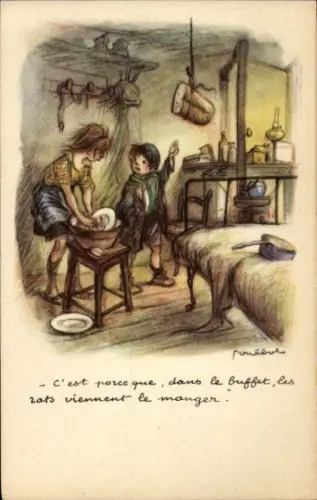 Künstler Ak Poulbot, Mädchen spült Geschirr, aufgehängtes Brot