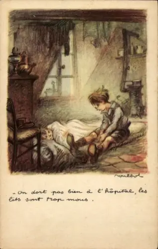 Künstler Ak Poulbot, Francisque, Jungen, Matratze auf dem Boden, Ligue nationale contre le taudis