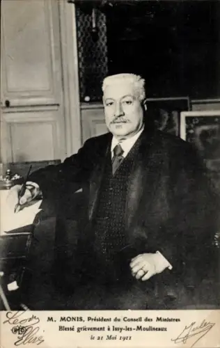 Ak M. Monis, Président du Conseil des Ministres, Blessé grièvement à Issy les Moulineaux 1911