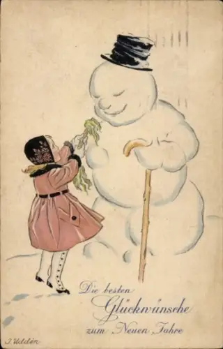 Künstler Ak Uddein, J., Glückwunsch Neujahr, Mädchen, Schneemann