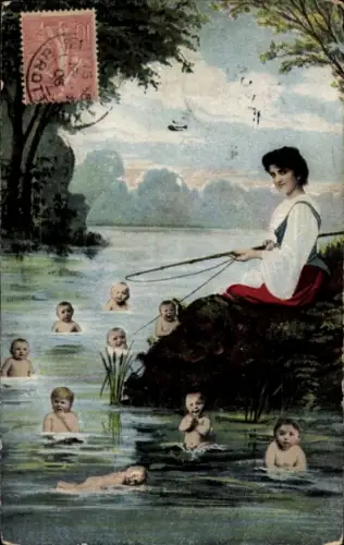 Ak Frau mit Angel am Ufer, Babys und Kleinkinder im Wasser