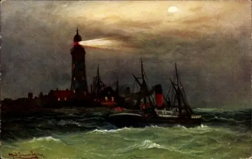 Mondschein Künstler Ak Friedrichsort Kiel, Leuchtturm, Schiff